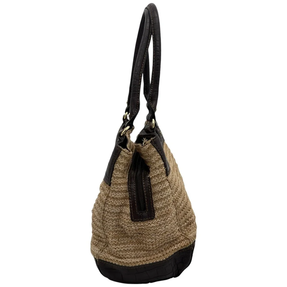 Dana Buchman Straw Raffia Shoulder Bag Brown Croc Leather Satchel Tote